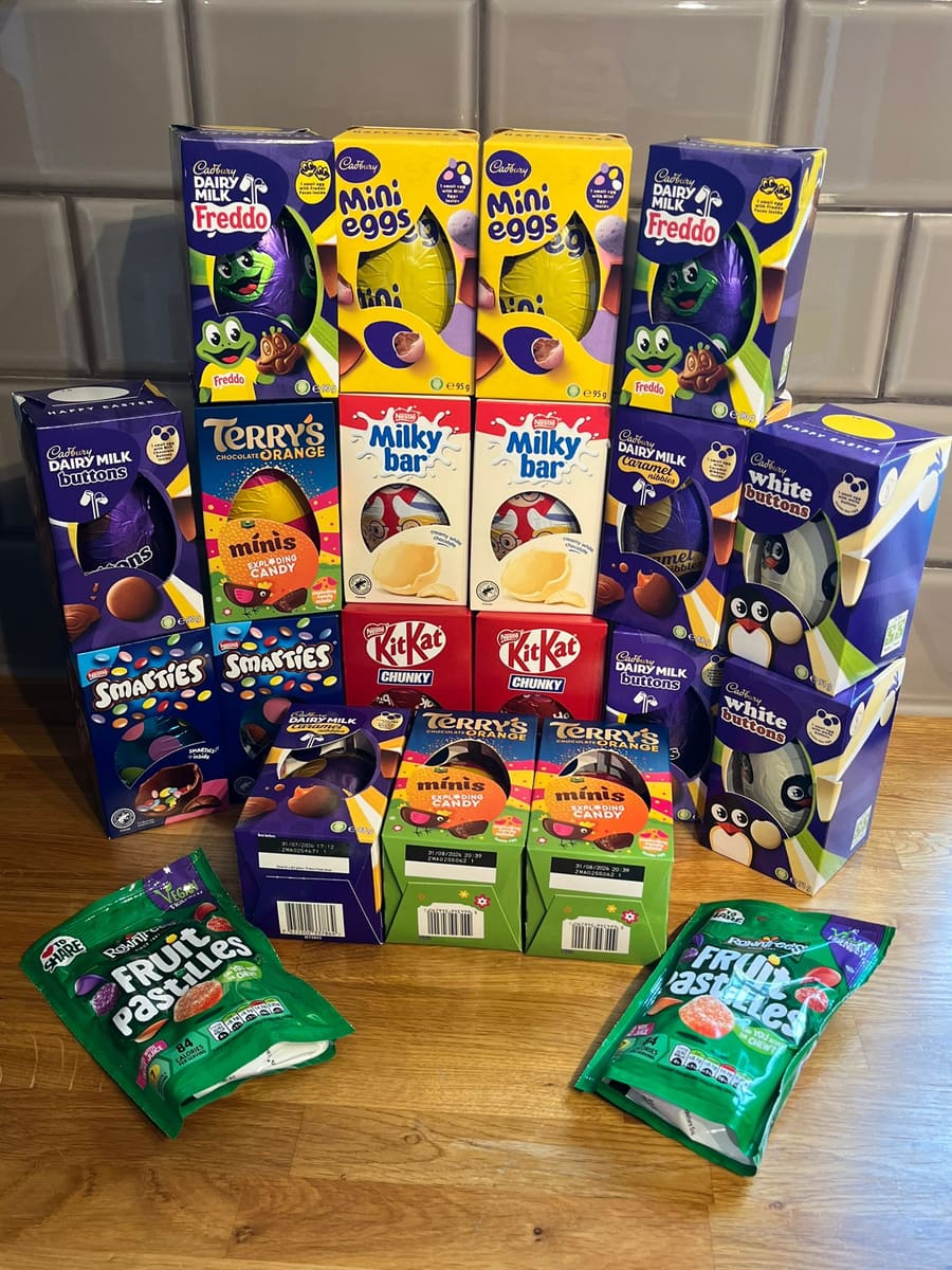 Stacks of boxed Easter eggs bought by the PSFA, ready to hand out to every child in the school